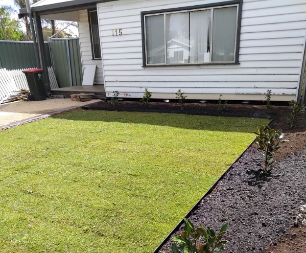 Fresh turf and garden beds at front of property